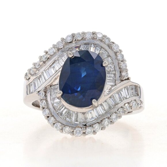 White Gold Sapphire & Diamond Halo Bypass Ring - 18k Oval 4.18ctw GIA